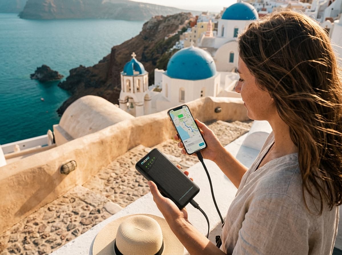 Traveler using one portable Wi-Fi hotspot in Santorini