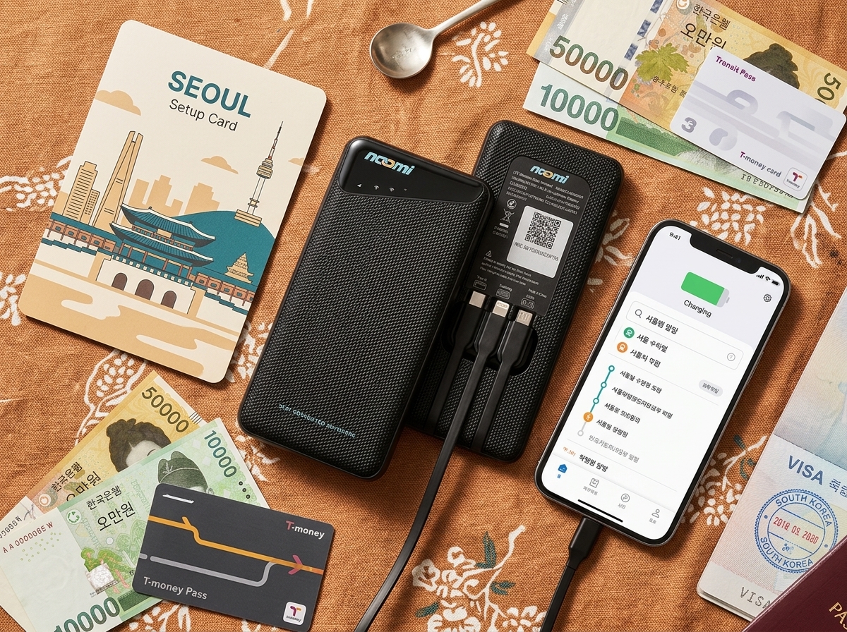 Noomi travel Wi-Fi rental device with charging cables for seoul