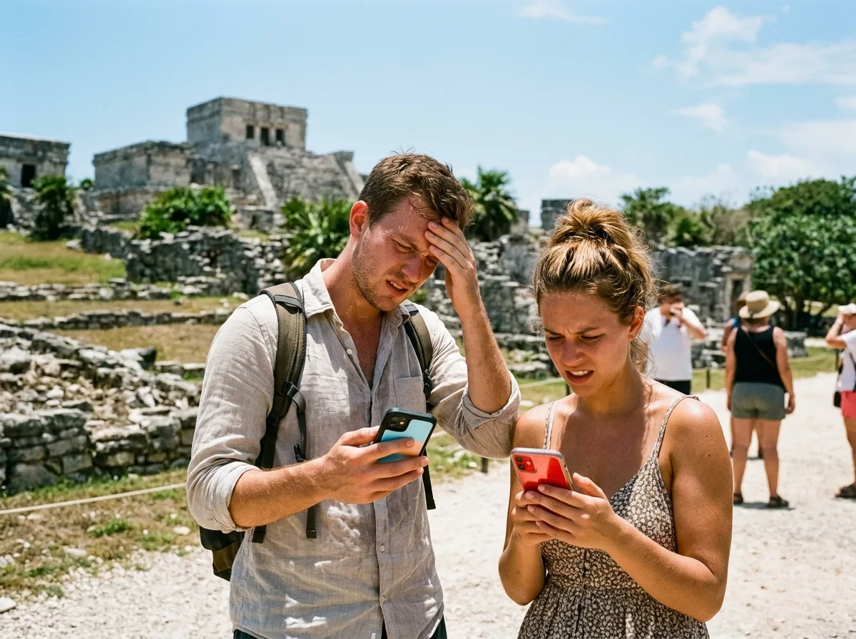 A traveler dealing with weak phone signal abroad — Portable Wi-Fi in Mexico: How to Stay Connected Without Roaming Fees