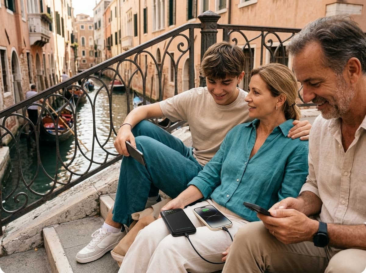 Family using a portable Wi-Fi hotspot during a Venice trip