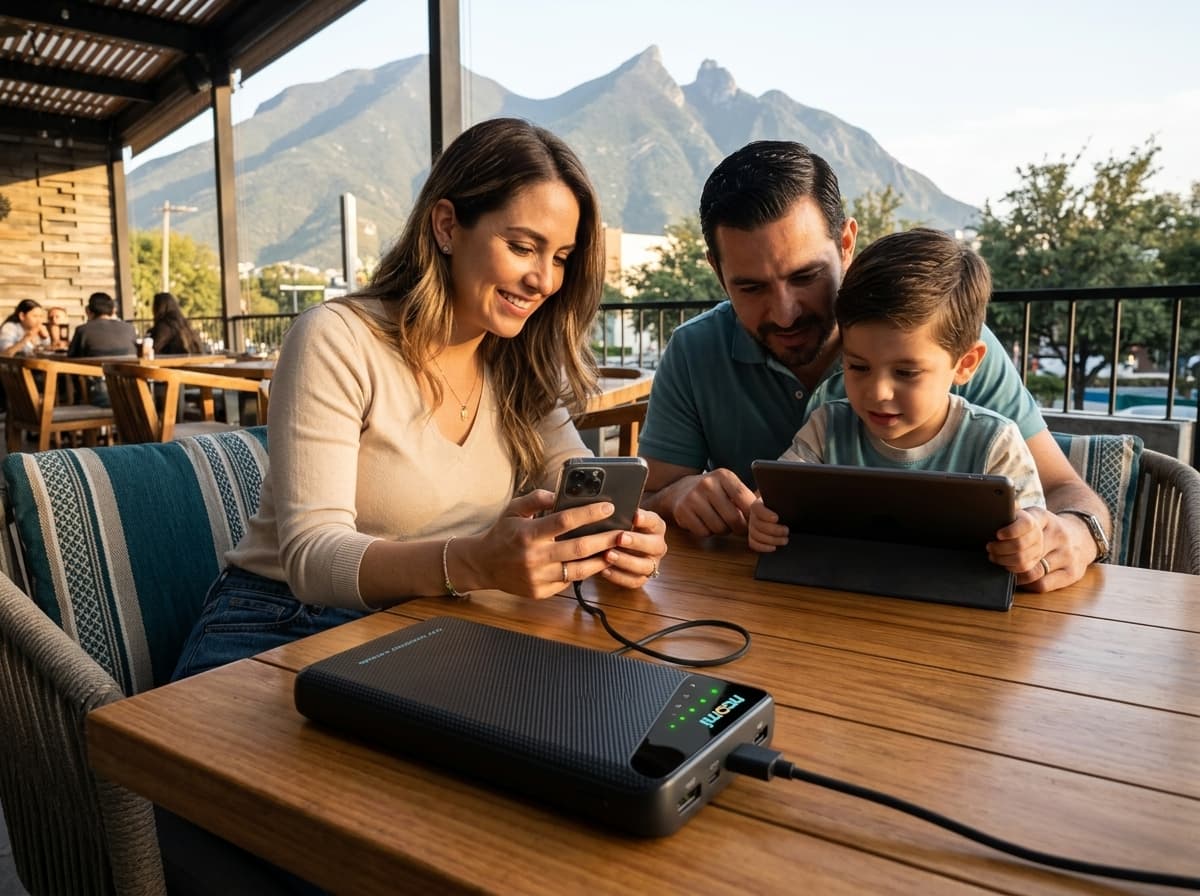 Family using a portable Wi-Fi hotspot during a Monterrey trip