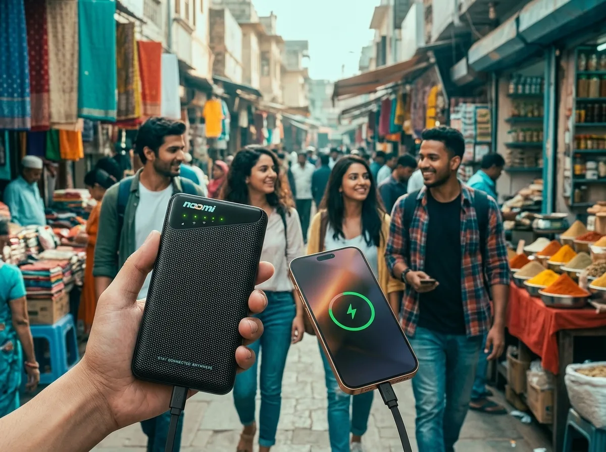The Noomi device keeping a phone connected and charged while traveling — How to Choose a Travel Wi-Fi Rental: A Practical Buyer's Guide