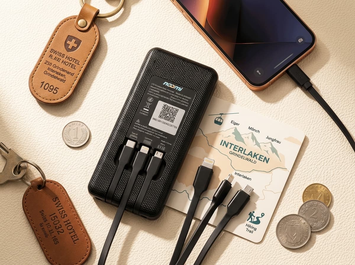 Noomi travel Wi-Fi rental device with charging cables for Interlaken