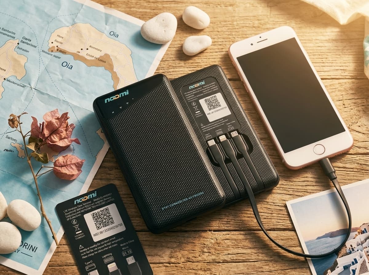 Noomi travel Wi-Fi rental device with charging cables for Santorini