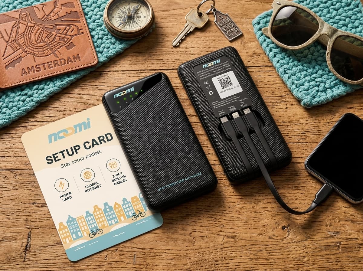 Noomi travel Wi-Fi rental device with charging cables for Amsterdam