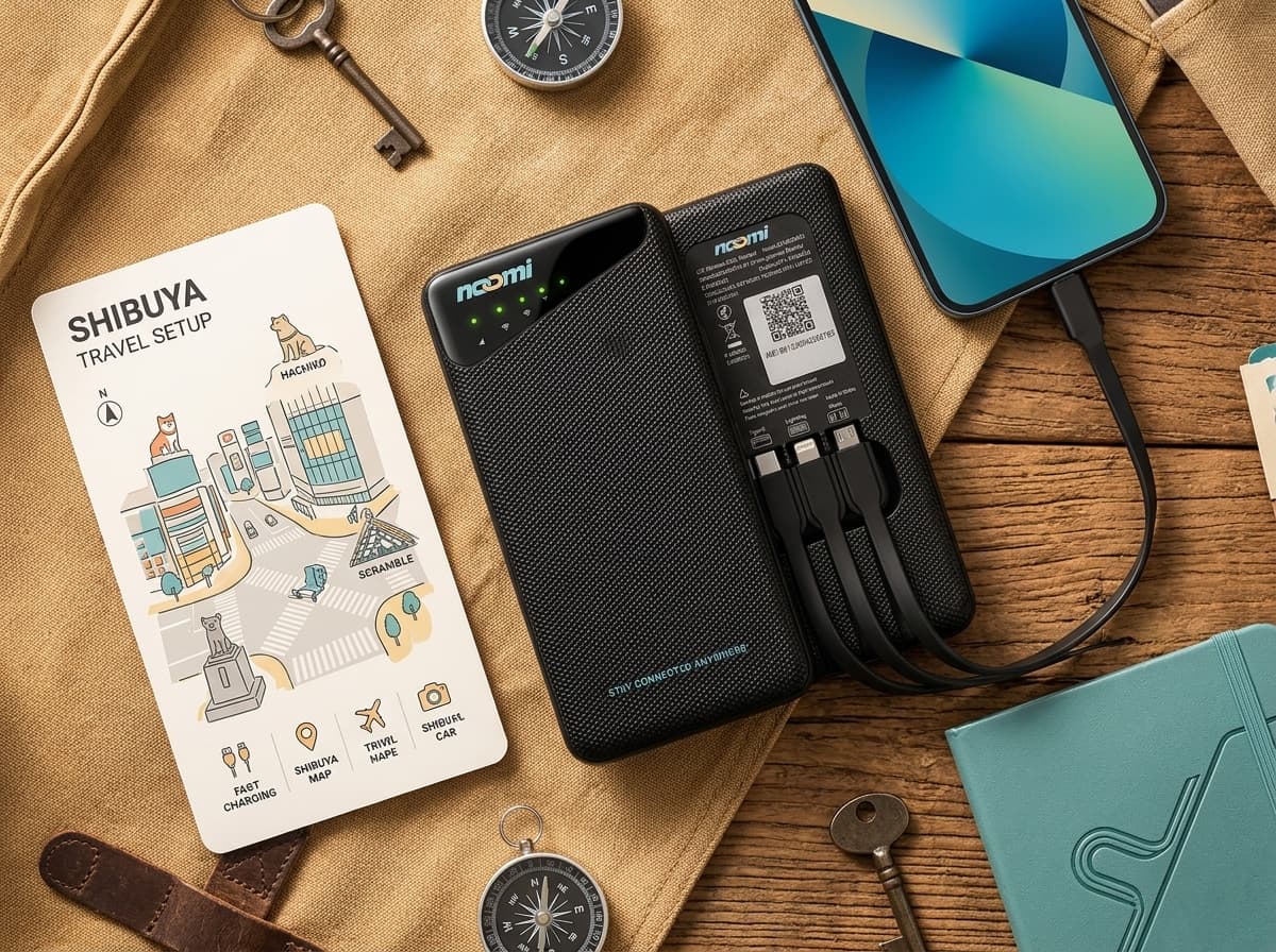 Noomi travel Wi-Fi rental device with charging cables for Tokyo
