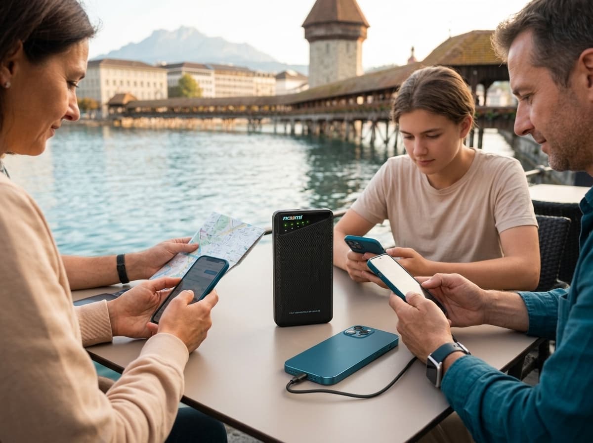 Family using a portable Wi-Fi hotspot during a Lucerne trip