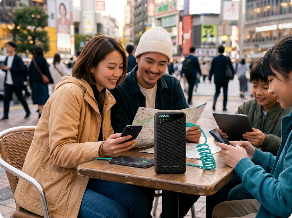 Family using a portable Wi-Fi hotspot during a Tokyo trip