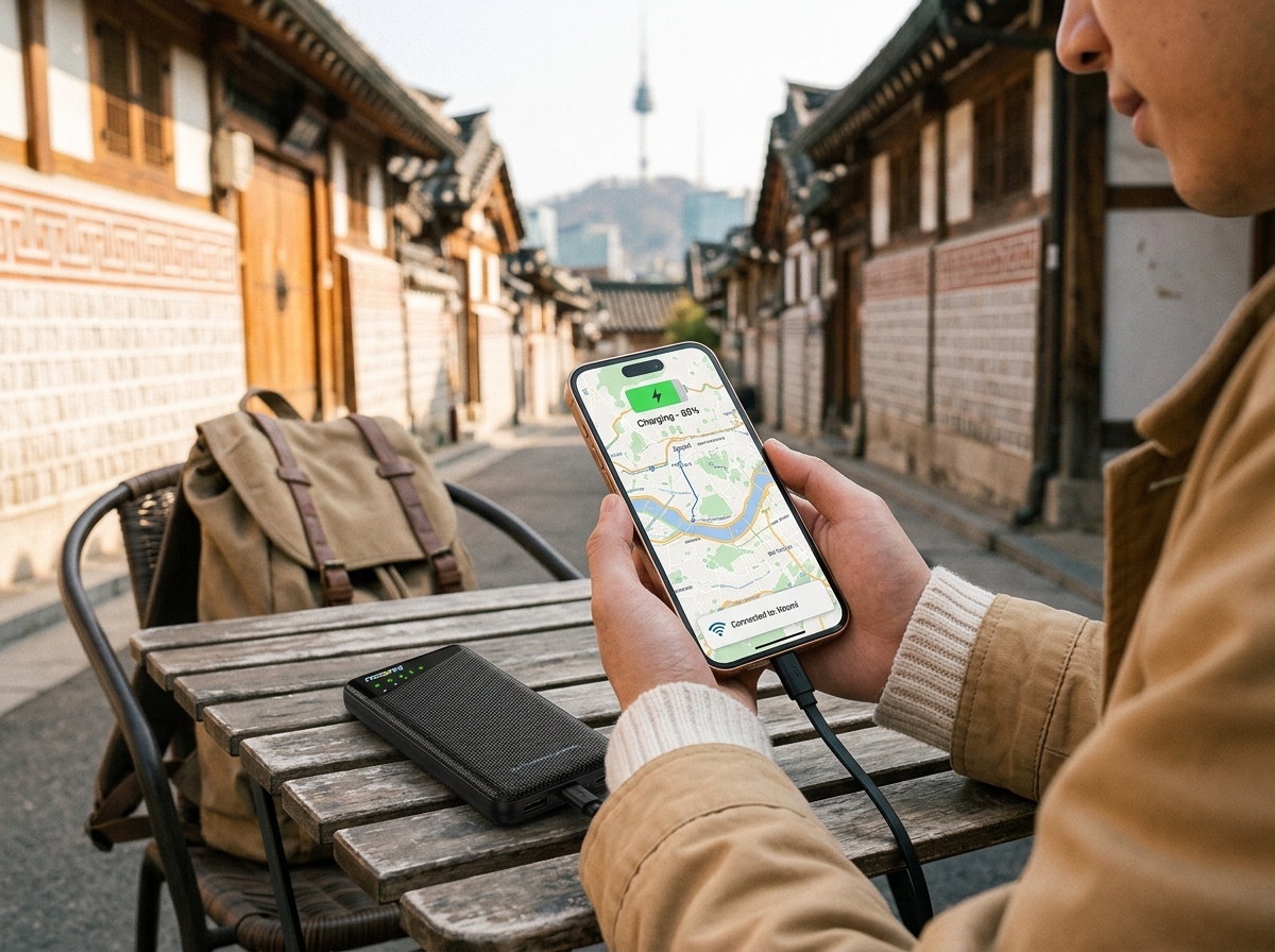Traveler using one portable Wi-Fi hotspot in seoul