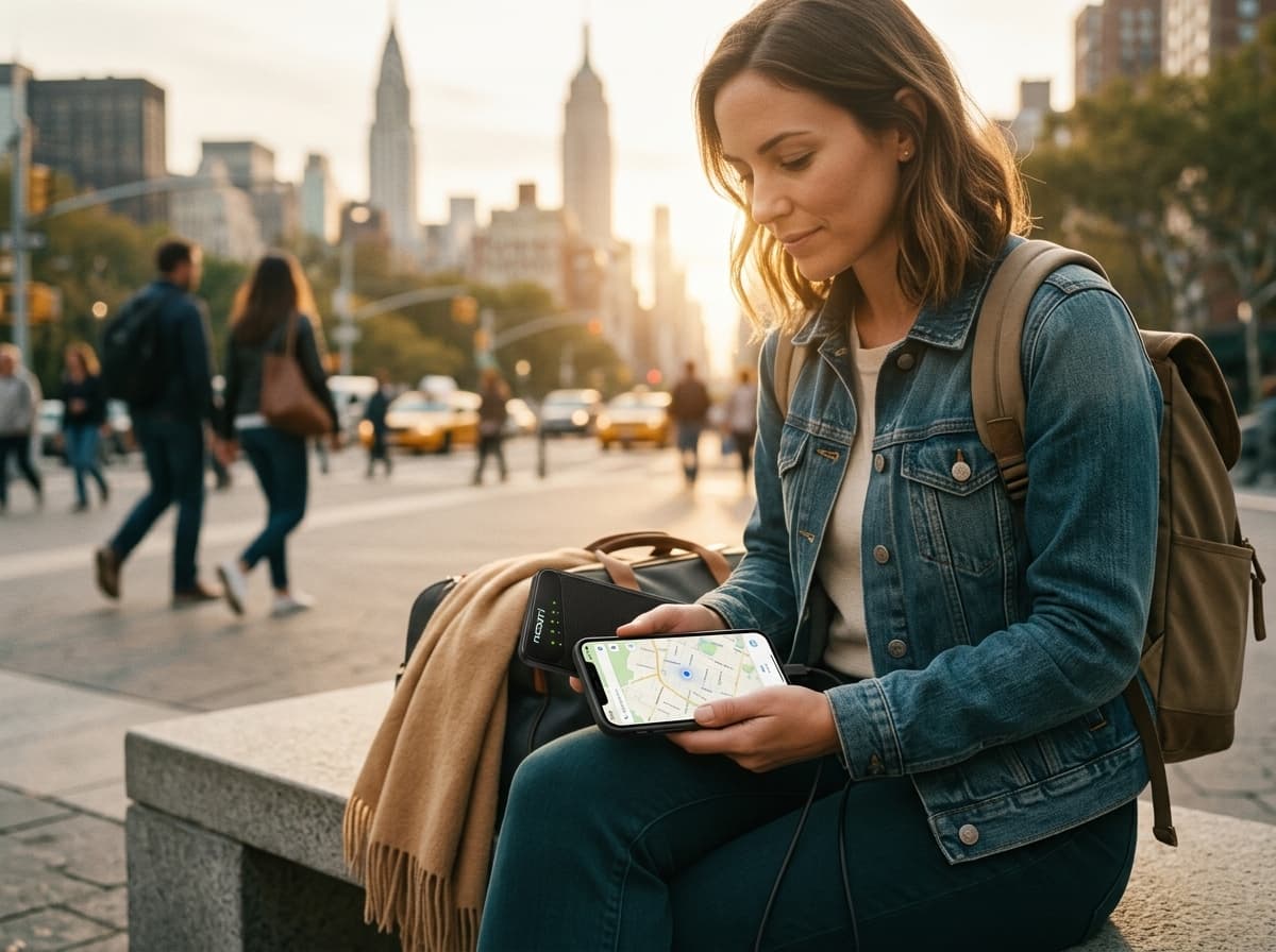 Traveler using one portable Wi-Fi hotspot in New York City