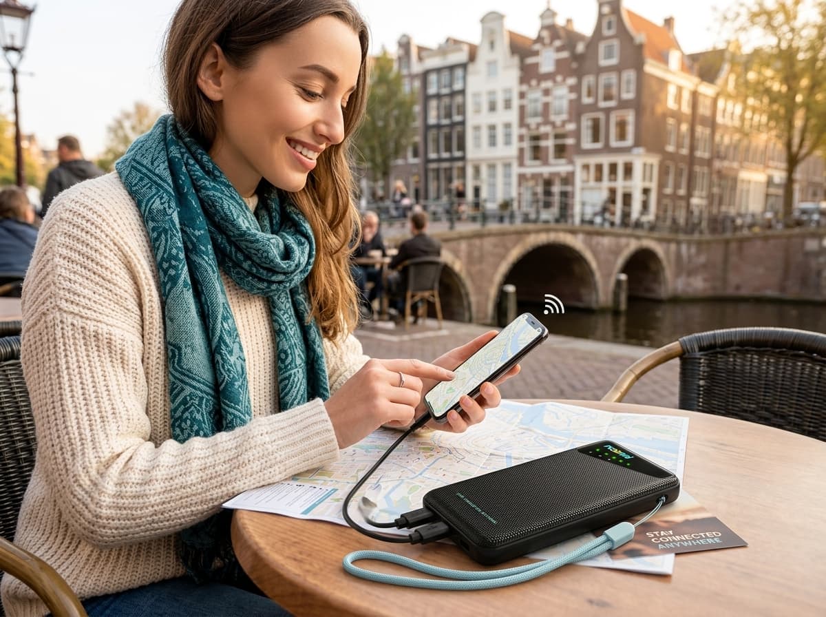 Traveler using one portable Wi-Fi hotspot in Amsterdam