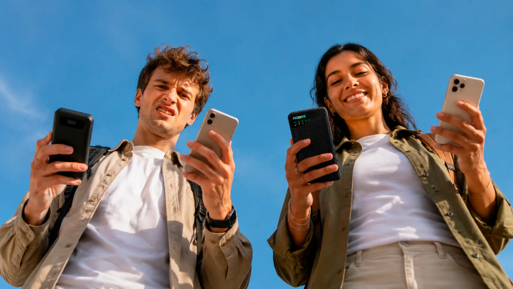 Two travelers with phones — one frowning at a plain mobile hotspot, one smiling with a Noomi pocket Wi-Fi device