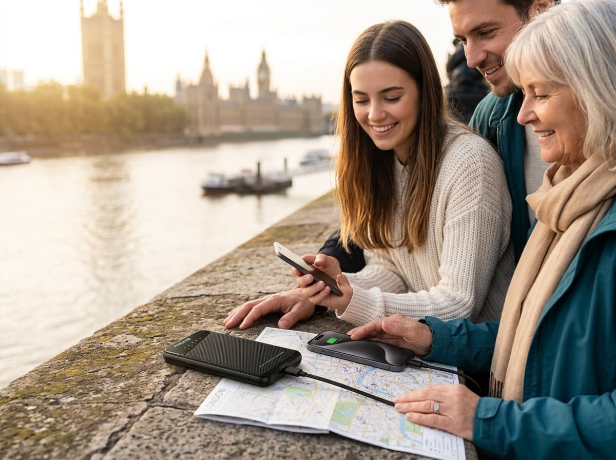 Family using a portable Wi-Fi hotspot during a Global trip