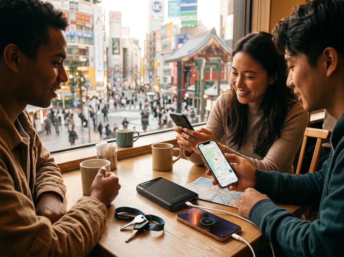 Family using a portable Wi-Fi hotspot during a Asia trip