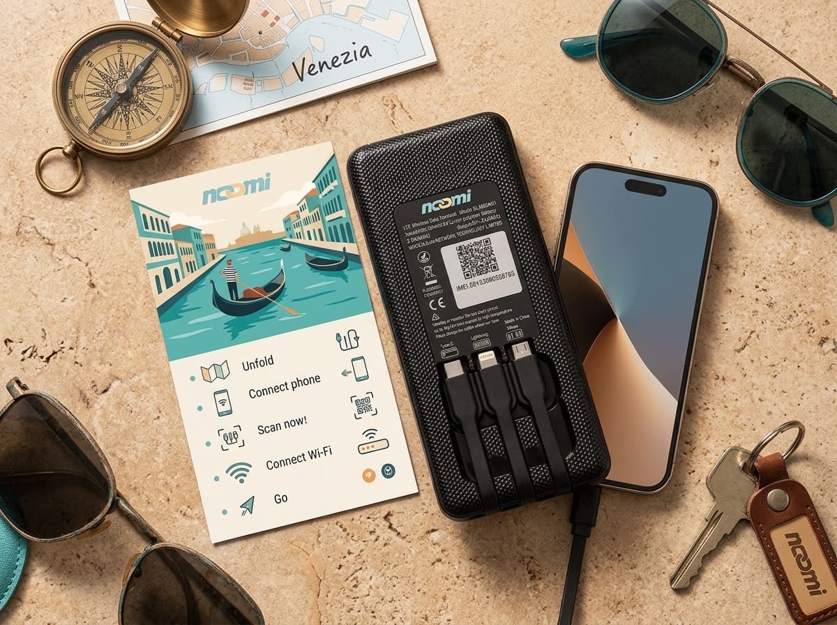 Noomi travel Wi-Fi rental device with charging cables for Venice