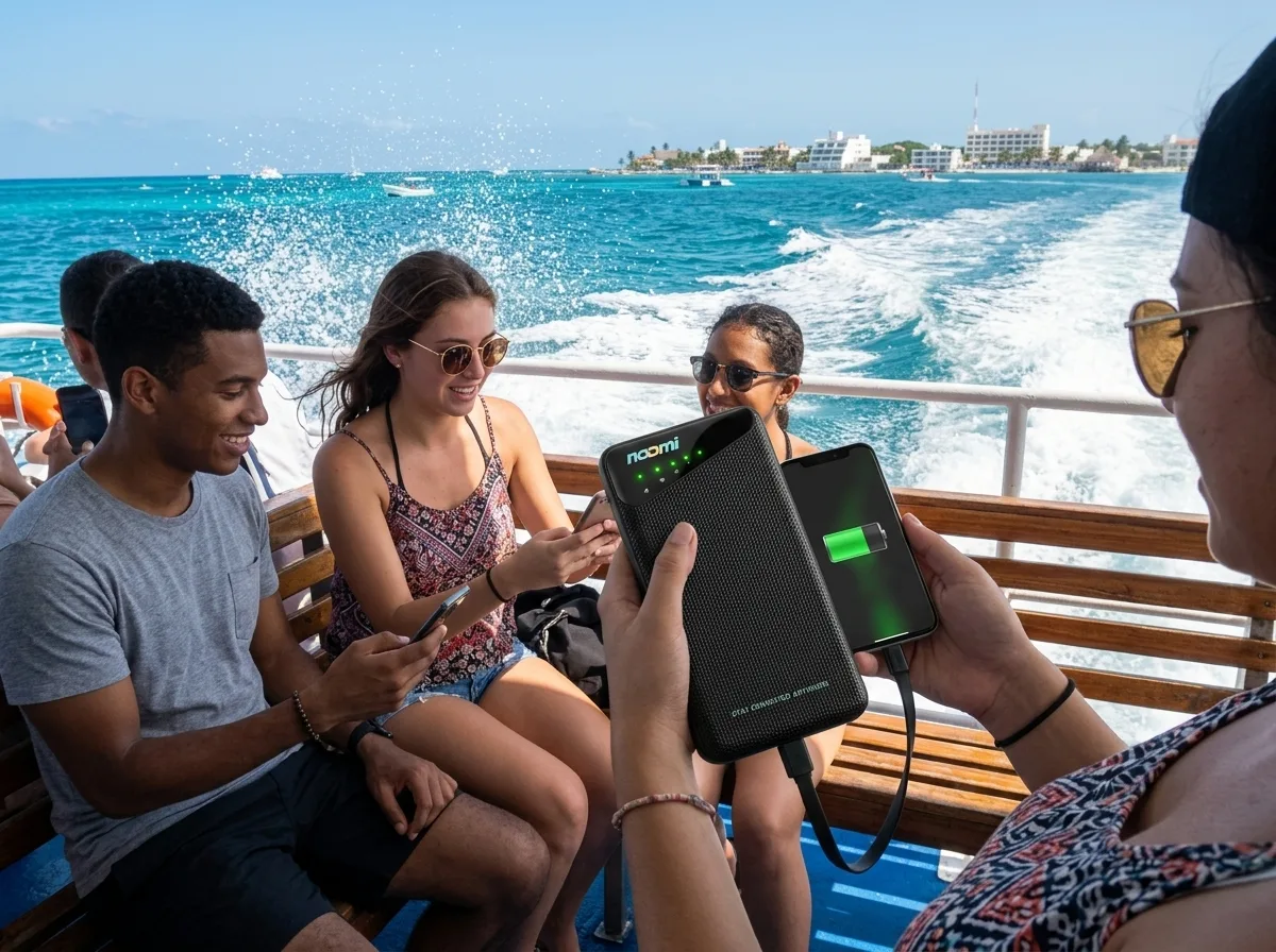 The Noomi device keeping a phone connected and charged while traveling — Portable Wi-Fi in Mexico: How to Stay Connected Without Roaming Fees