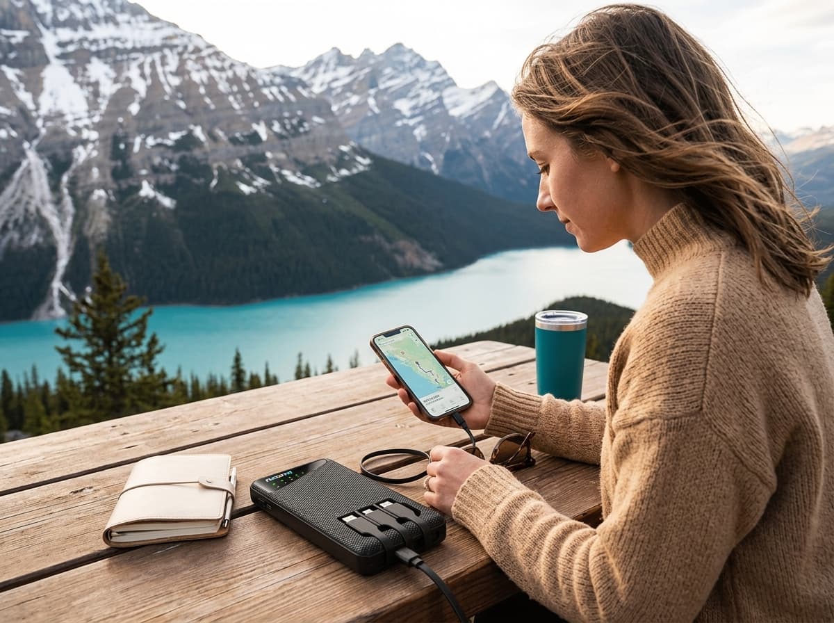 Traveler using one portable Wi-Fi hotspot in Banff