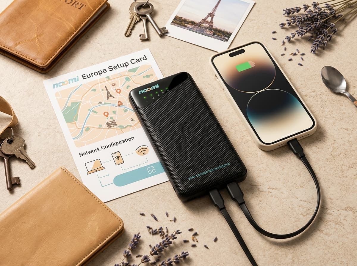 Noomi travel Wi-Fi rental device with charging cables for Europe