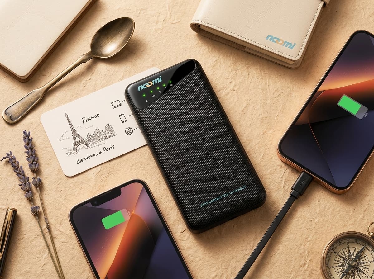 Noomi travel Wi-Fi rental device with charging cables for France