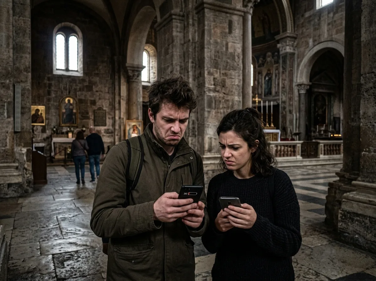 A traveler dealing with weak phone signal abroad — How to Get Fast, Reliable Internet in Italy: Pocket Wi-Fi From Rome to Amalfi