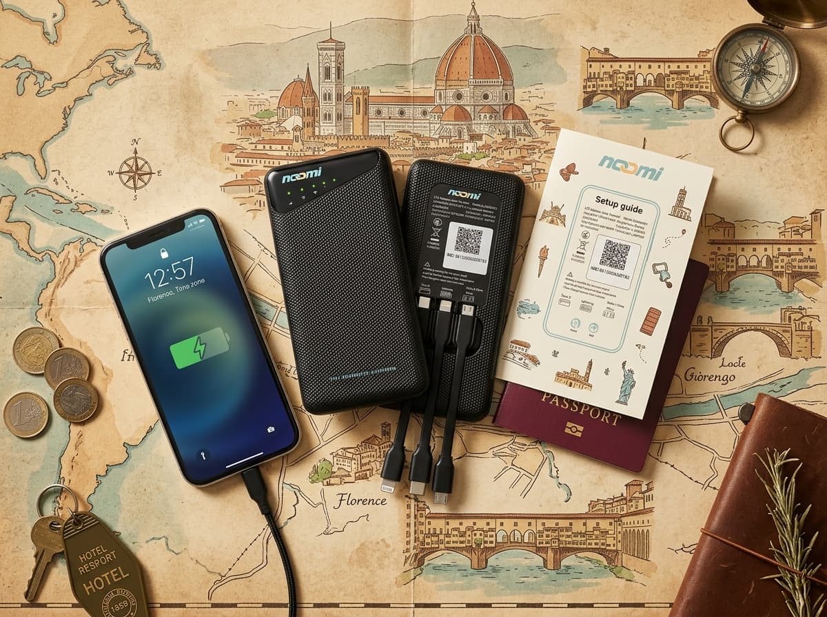Noomi travel Wi-Fi rental device with charging cables for Florence