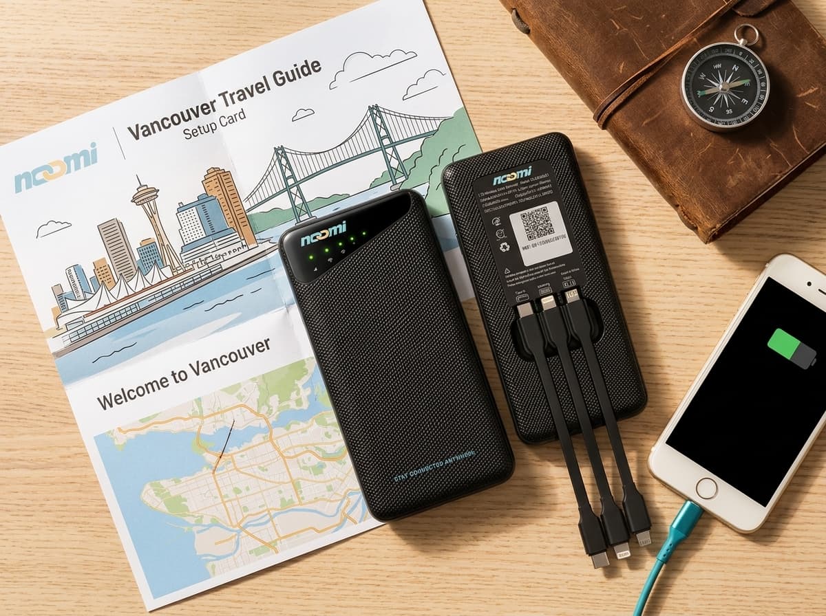 Noomi travel Wi-Fi rental device with charging cables for Vancouver
