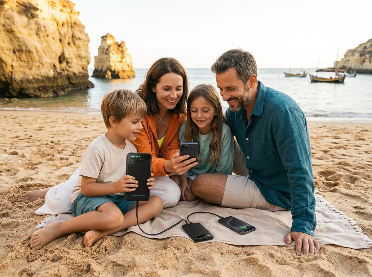 Family using a portable Wi-Fi hotspot during a Algarve trip