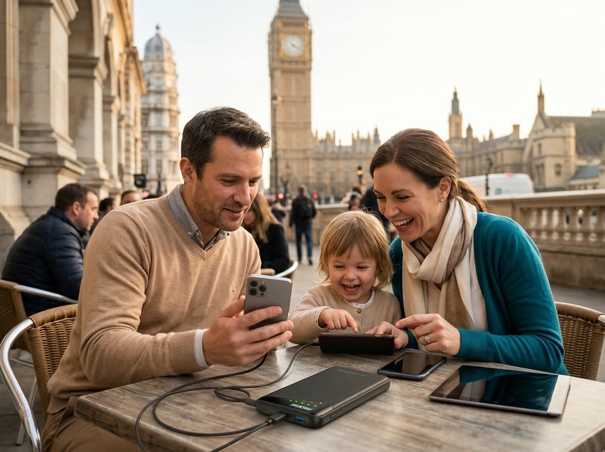 Family using a portable Wi-Fi hotspot during a London trip