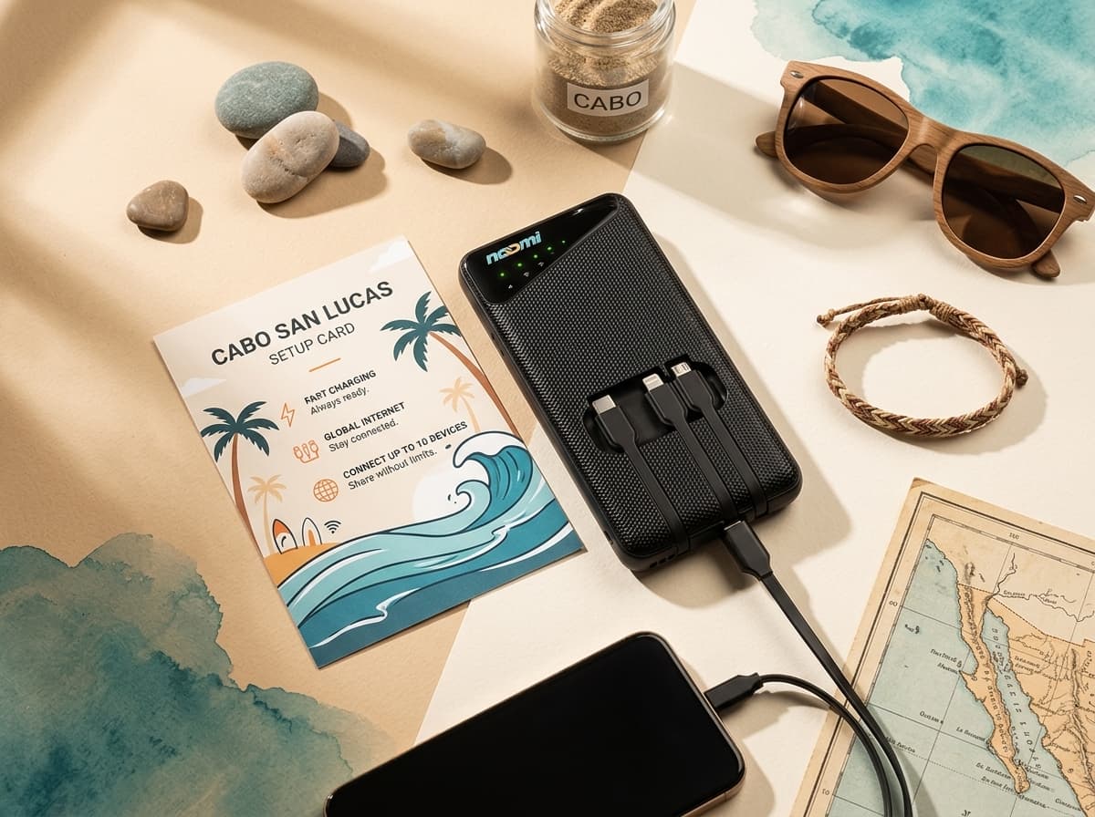 Noomi travel Wi-Fi rental device with charging cables for Cabo San Lucas