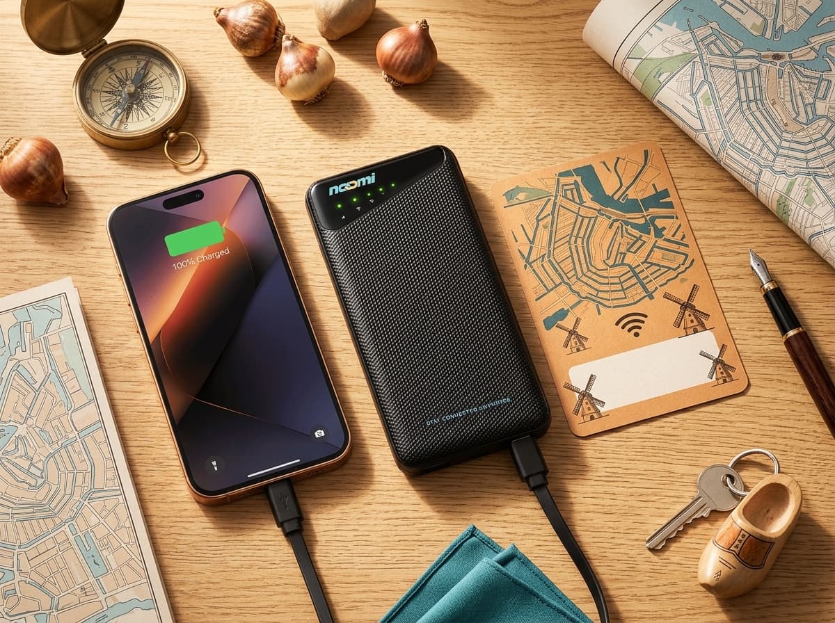 Noomi travel Wi-Fi rental device with charging cables for Netherlands