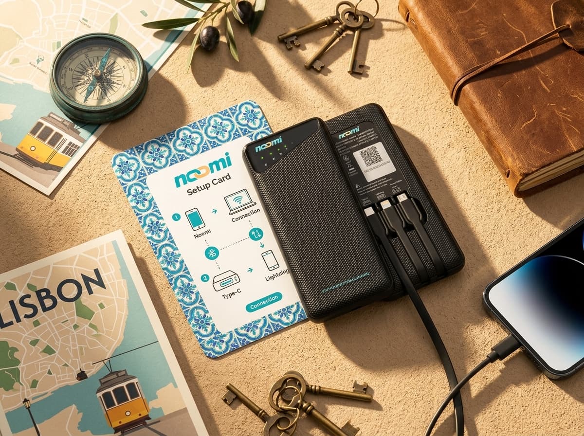 Noomi travel Wi-Fi rental device with charging cables for Lisbon