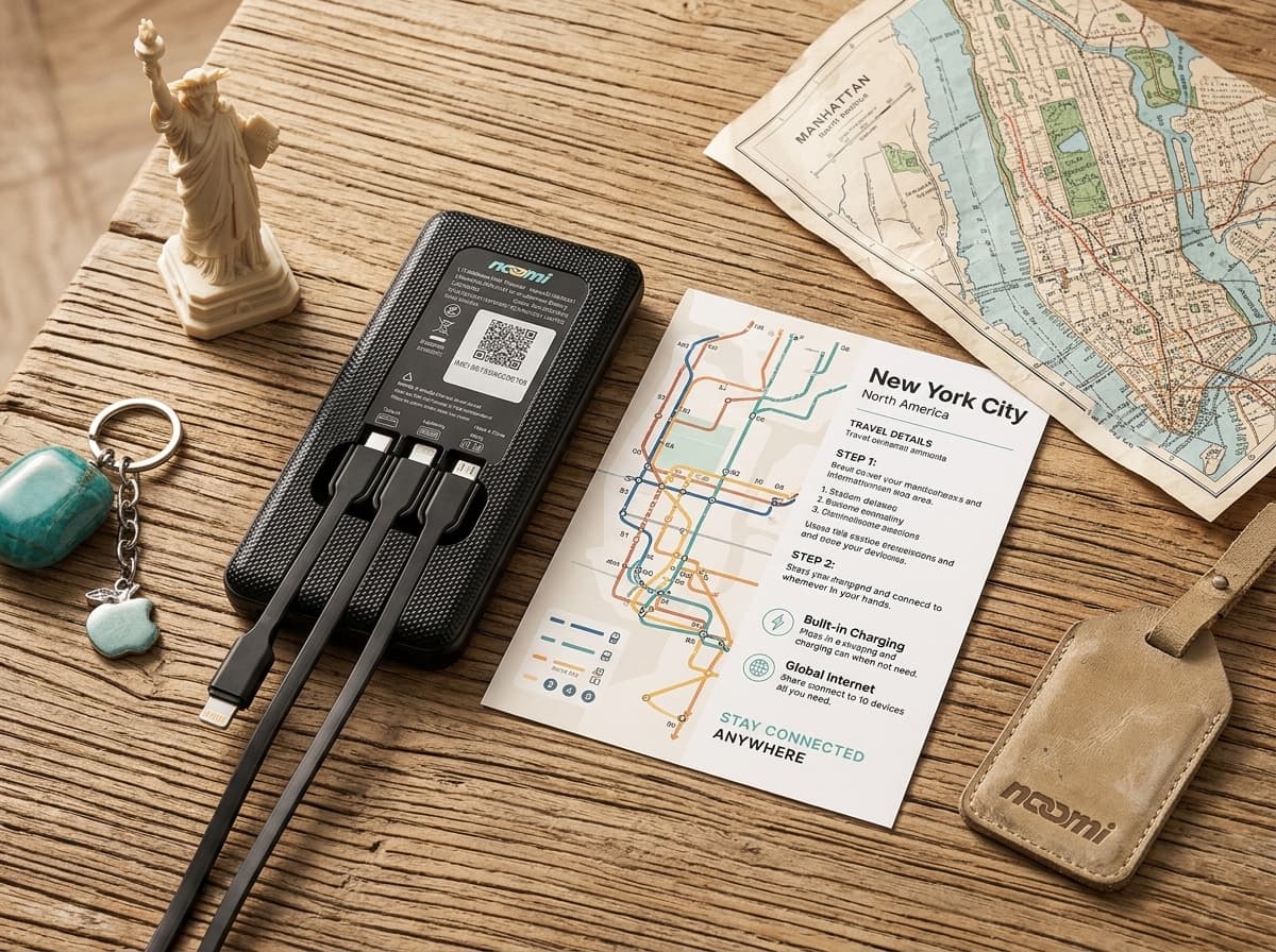 Noomi travel Wi-Fi rental device with charging cables for North America