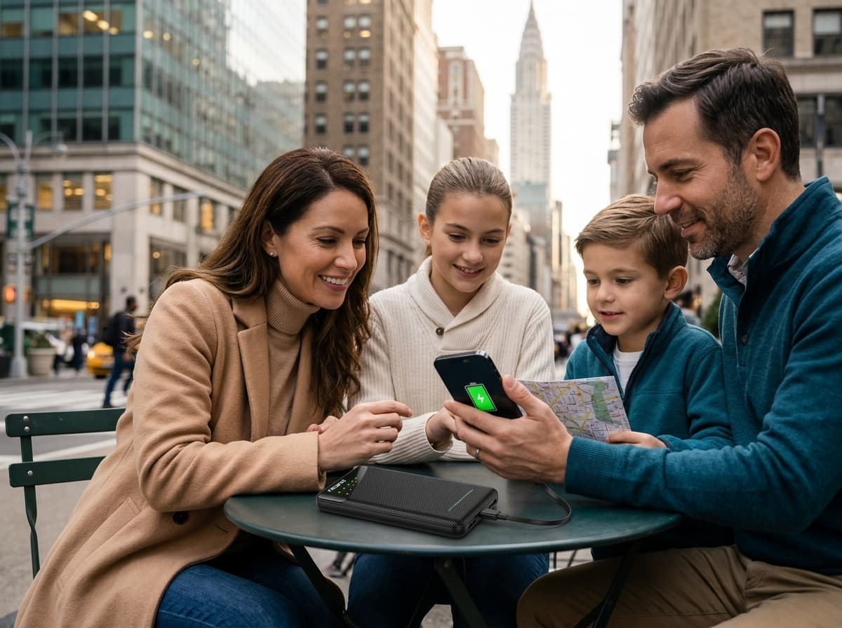 Family using a portable Wi-Fi hotspot during a New York City trip
