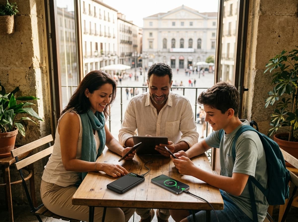 Family using a portable Wi-Fi hotspot during a Madrid trip