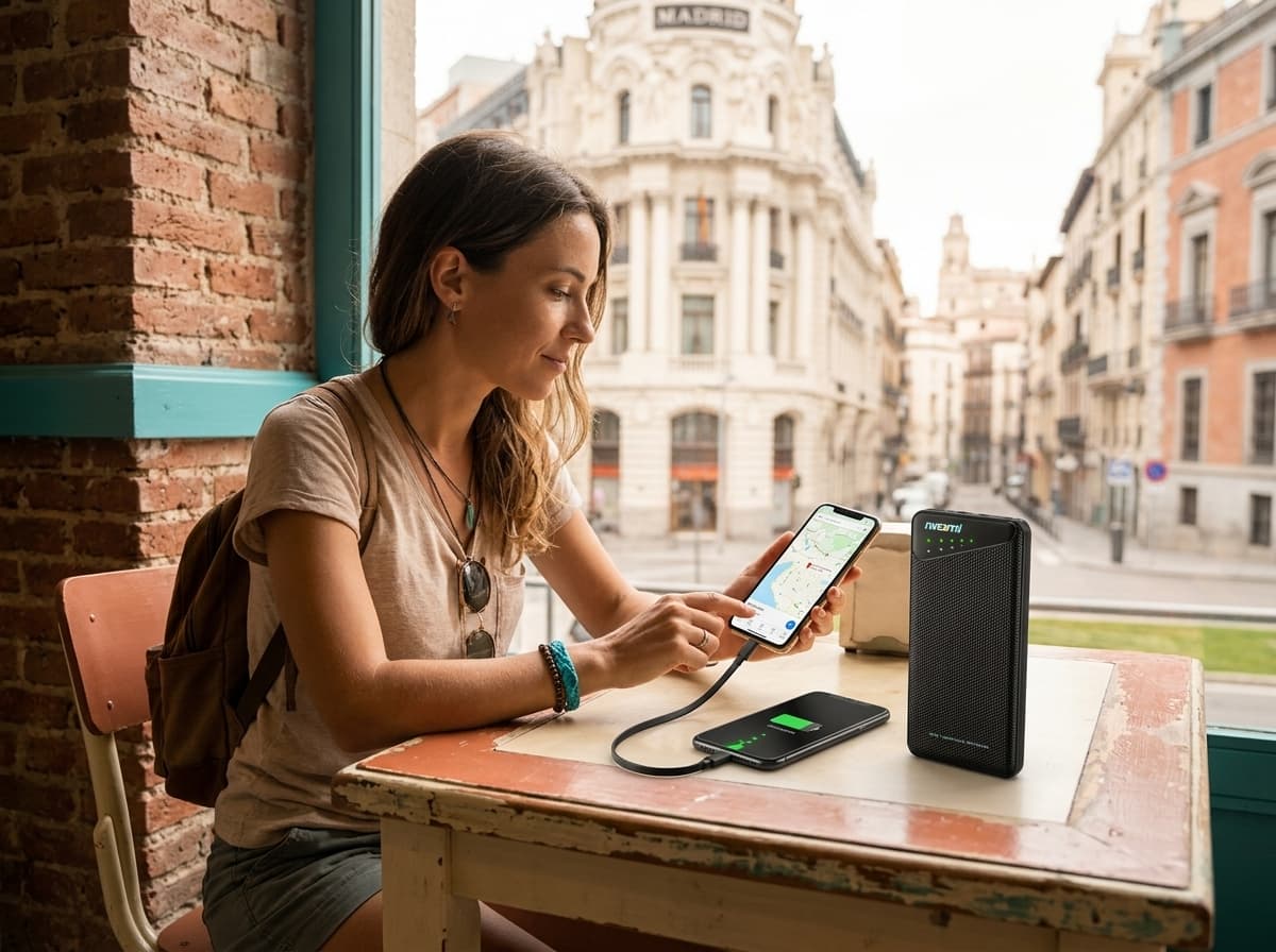 Traveler using one portable Wi-Fi hotspot in Madrid