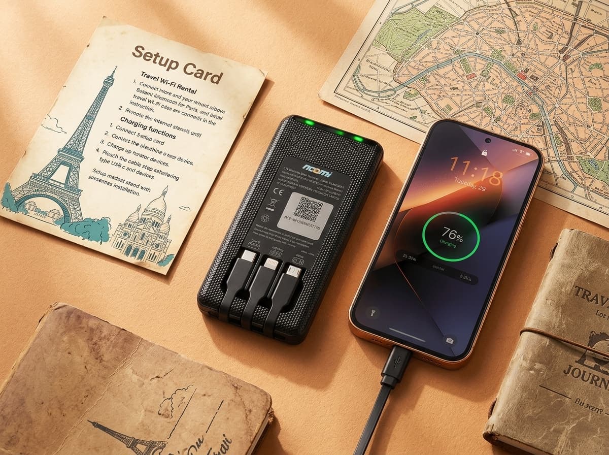 Noomi travel Wi-Fi rental device with charging cables for Paris