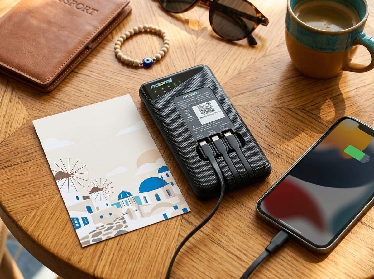 Noomi travel Wi-Fi rental device with charging cables for Mykonos