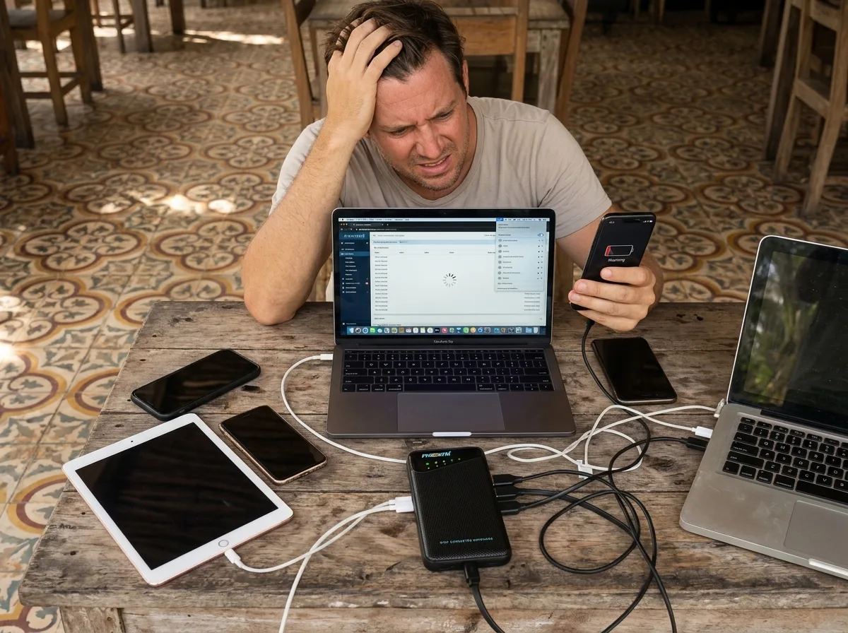 A traveler dealing with weak phone signal abroad — Internet in Mexico for Tourists: The Honest 2026–2027 Guide