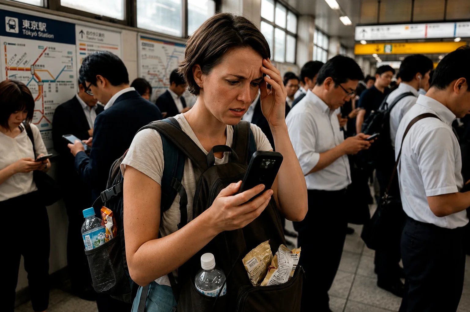 A traveler dealing with weak phone signal abroad — Mobile Hotspot vs Pocket Wi-Fi: Which One Should You Rent?