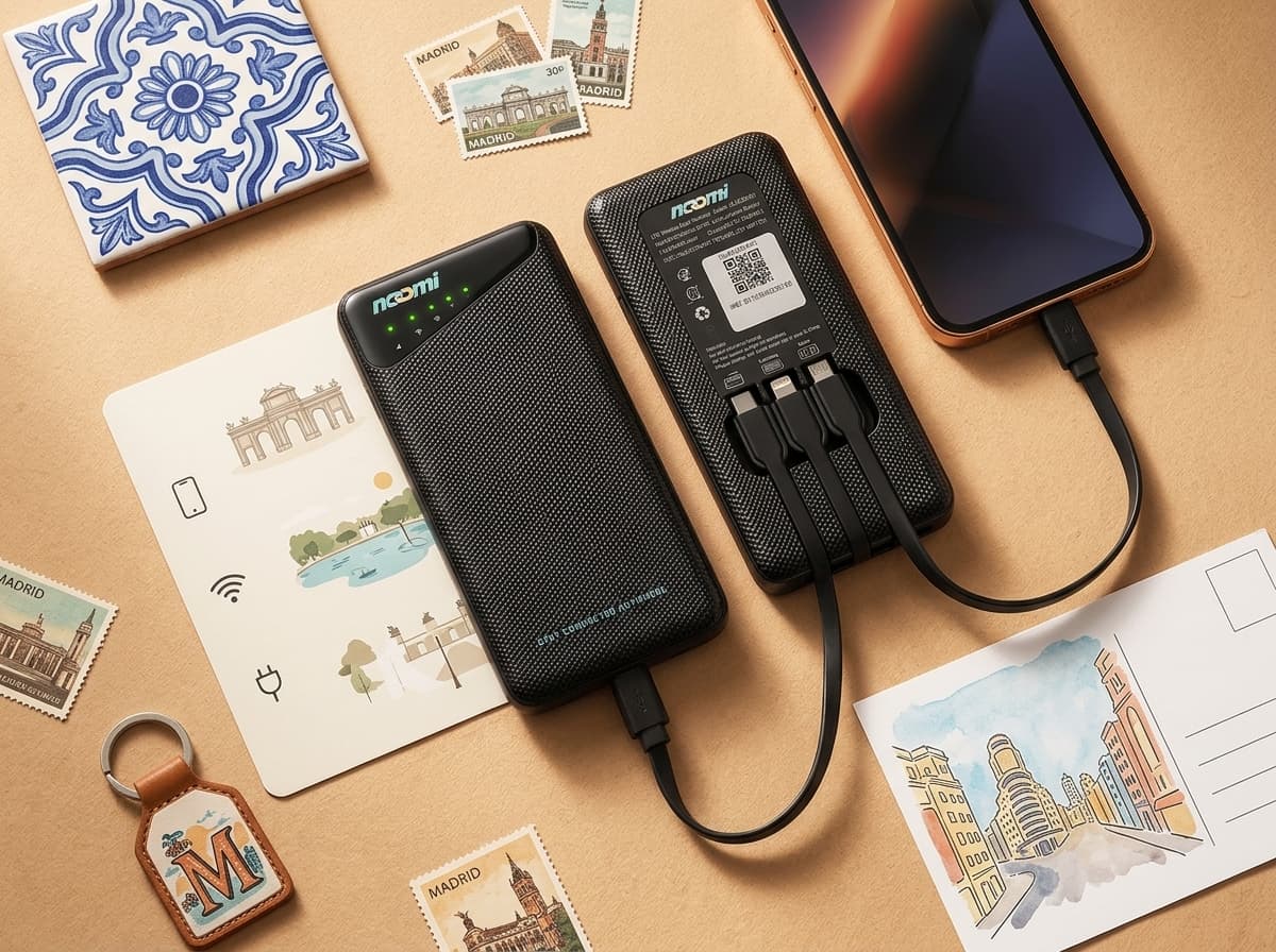 Noomi travel Wi-Fi rental device with charging cables for Madrid