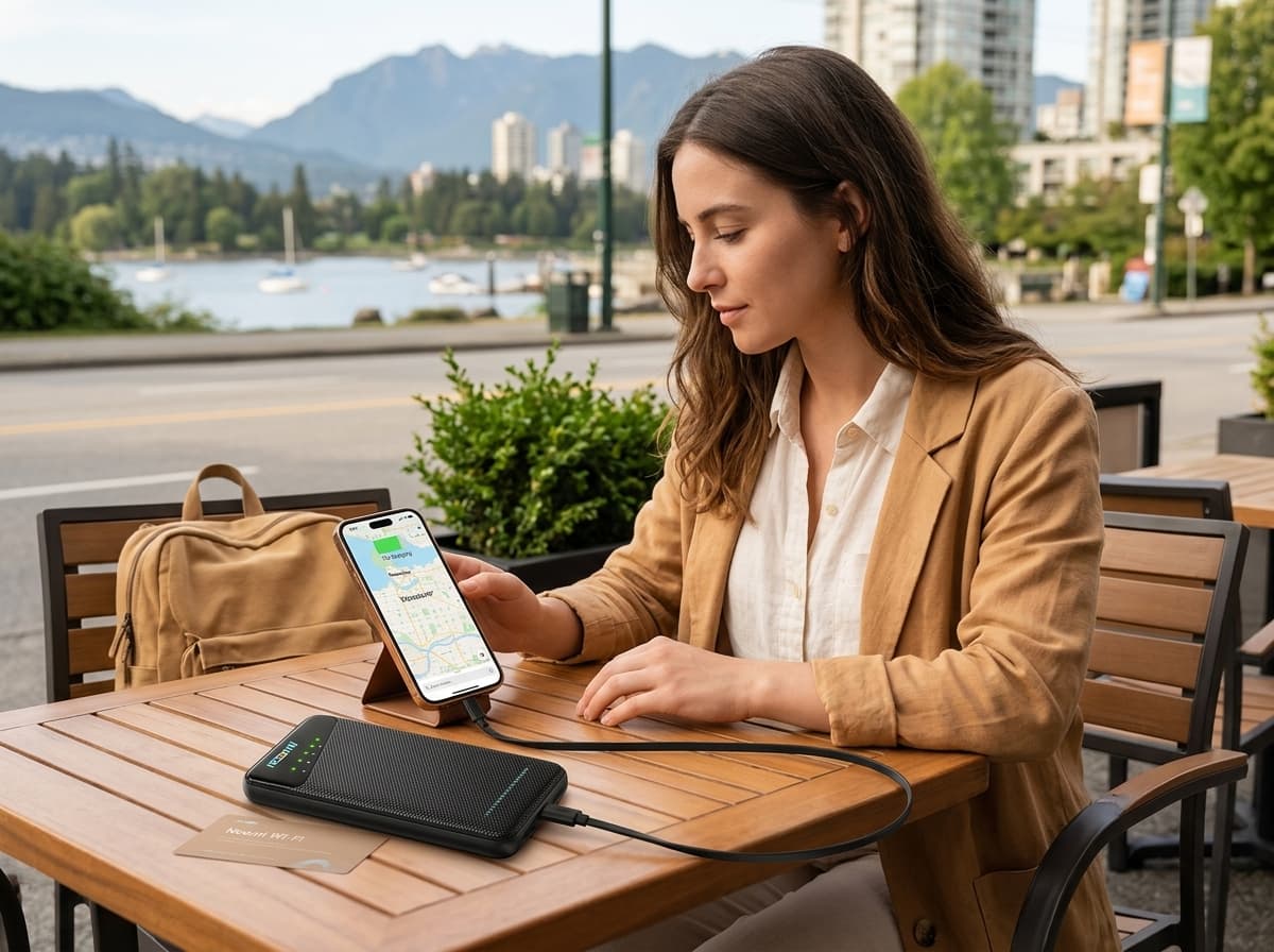 Traveler using one portable Wi-Fi hotspot in Vancouver