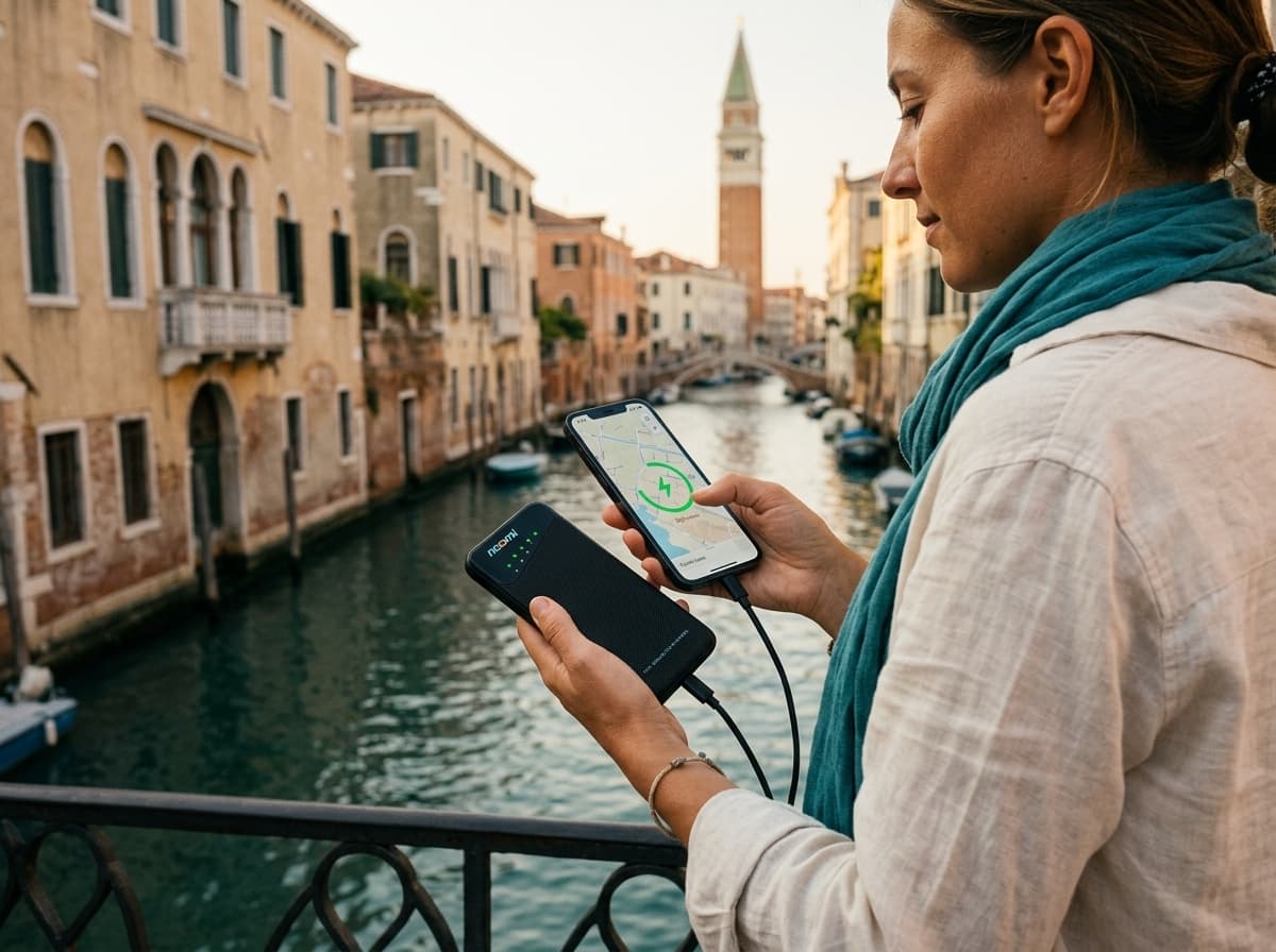 Traveler using one portable Wi-Fi hotspot in Venice