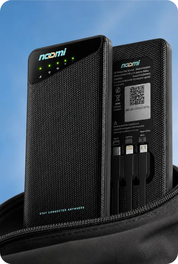The Noomi device standing upright in an open travel case
