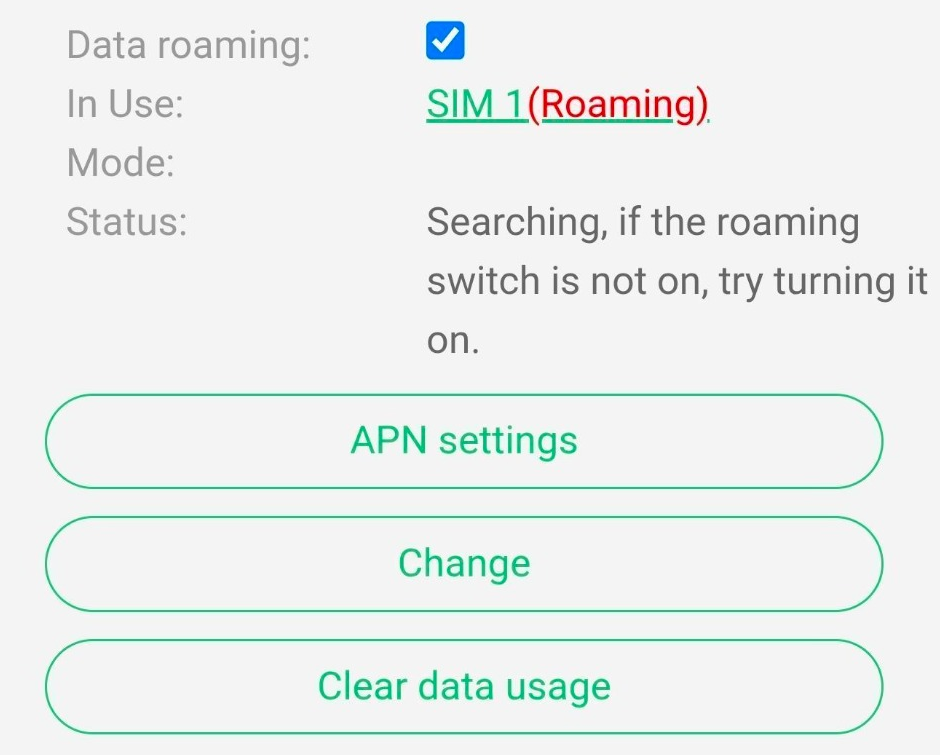 Support-guided example: SIM 1 and roaming are set, but the status is still Searching. This is not proof of a working connection.