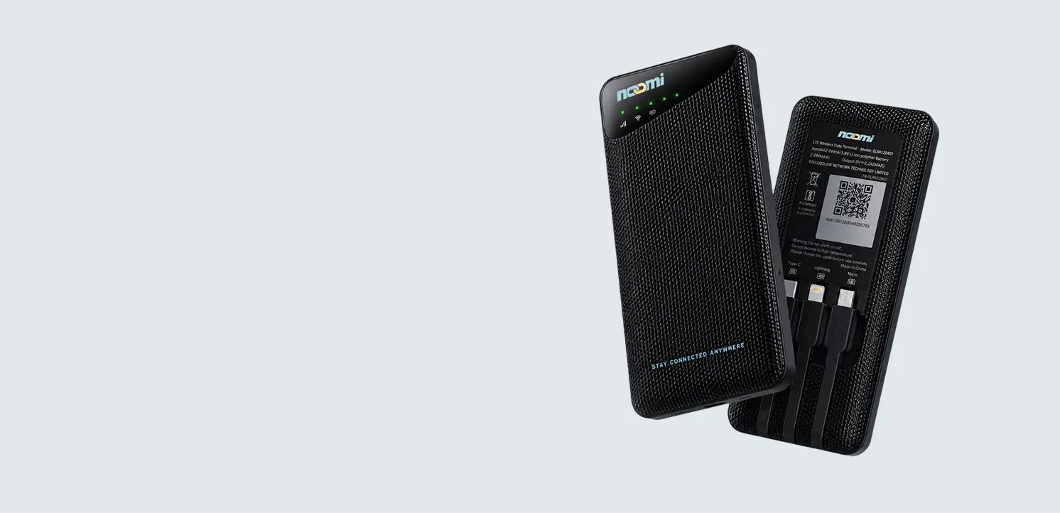 Two Noomi devices showing the front indicator lights and the built-in charging cables