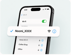 A phone joining the Noomi Wi-Fi network from its settings