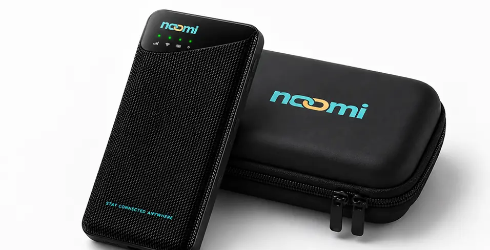 The Noomi device beside its zip travel pouch
