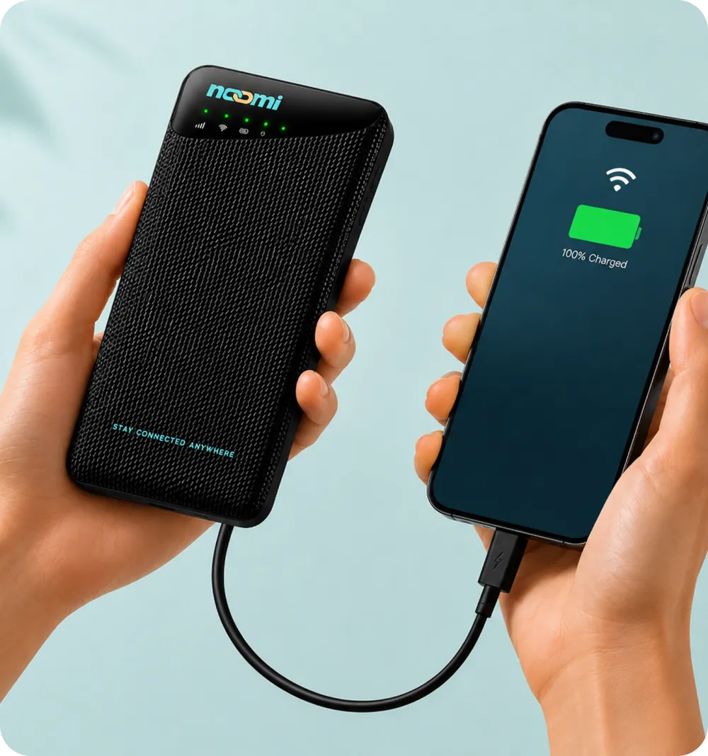 Two hands hold a Noomi pocket device charging a phone over its built-in cable; the phone shows full Wi-Fi bars and a 100% charged battery