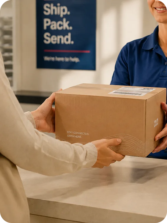 A labeled Noomi box handed across a carrier's counter
