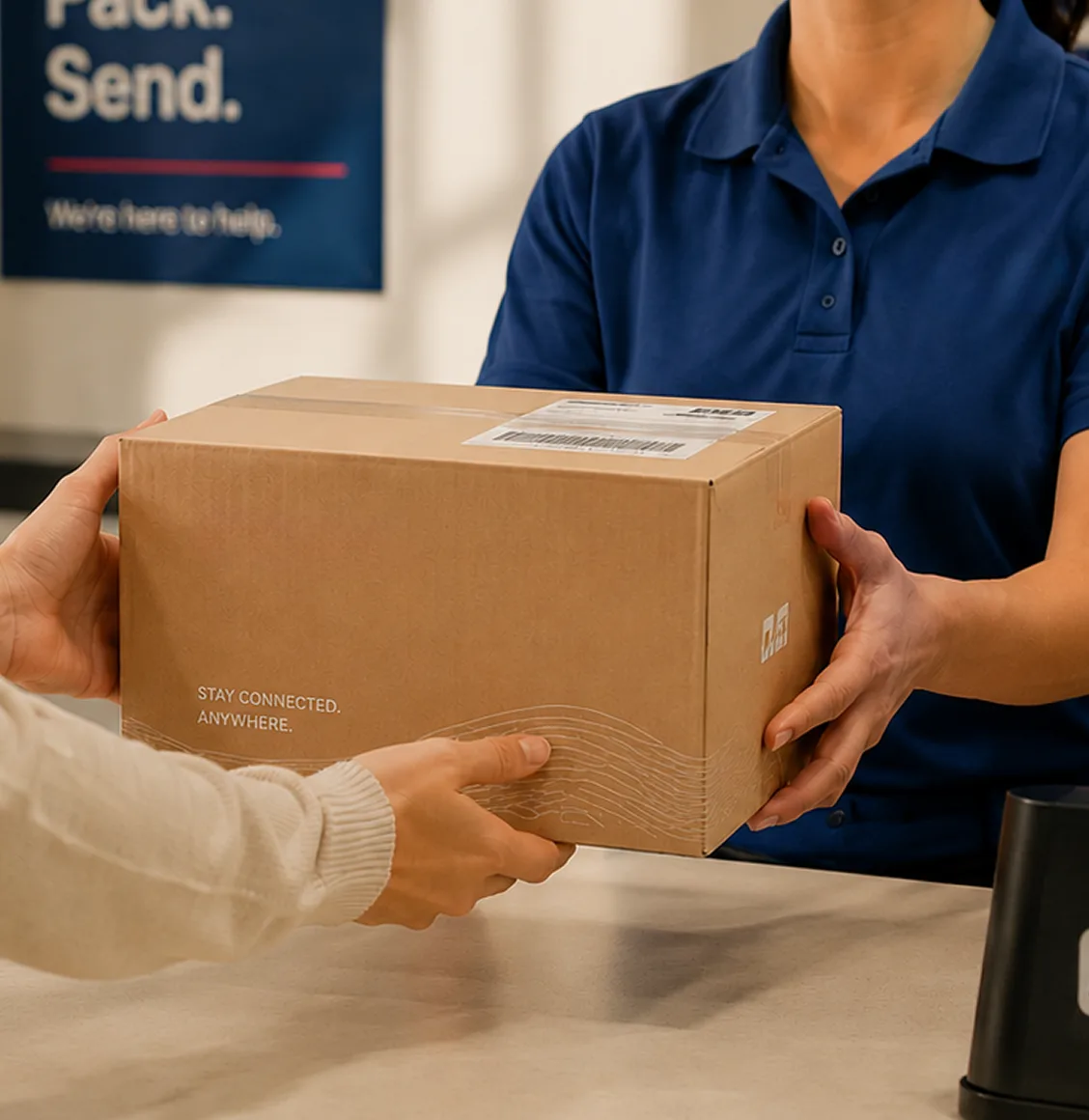A Noomi return box handed across a mailroom counter beneath a Pack. Send. sign